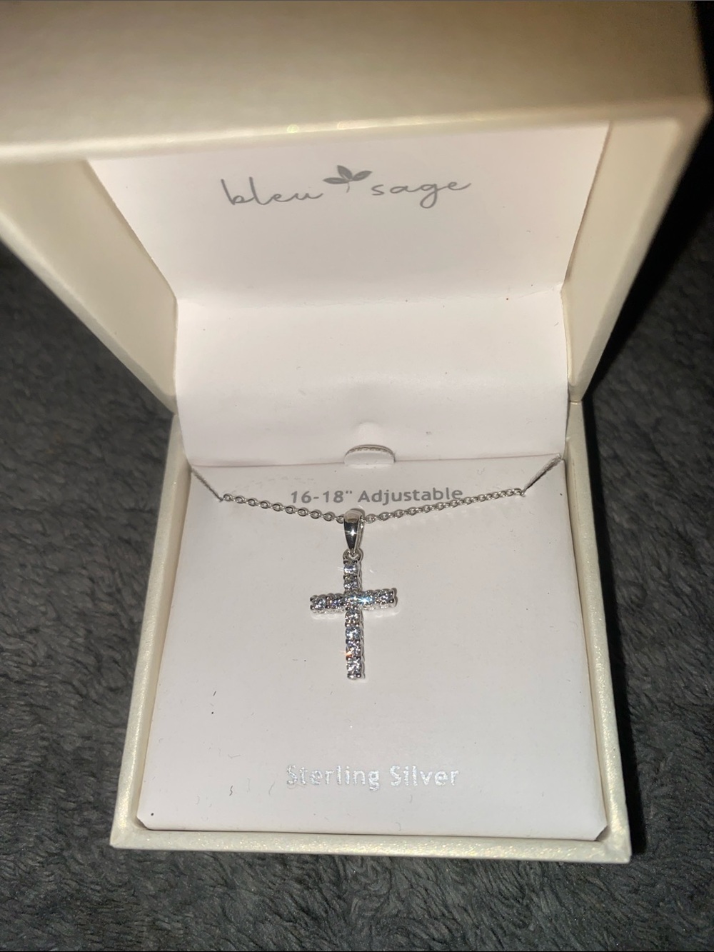 Bleu Sage Sterling Silver Cross Necklace - White Stones